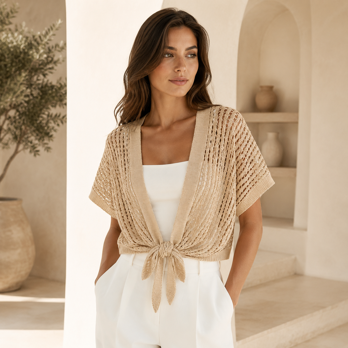 Beige Front Knot Cardigan