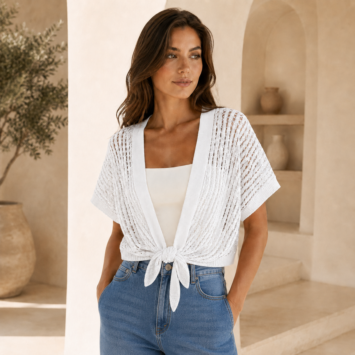 White Front Knot Cardigan