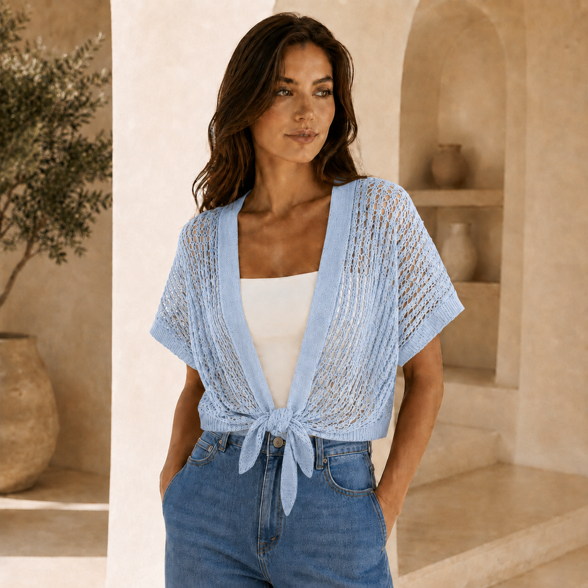 Blue Front Knot Cardigan