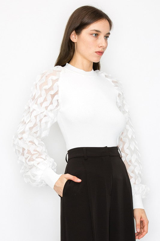 Lace Mesh Puff Long Sleeves Knit Top