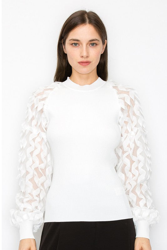 Lace Mesh Puff Long Sleeves Knit Top