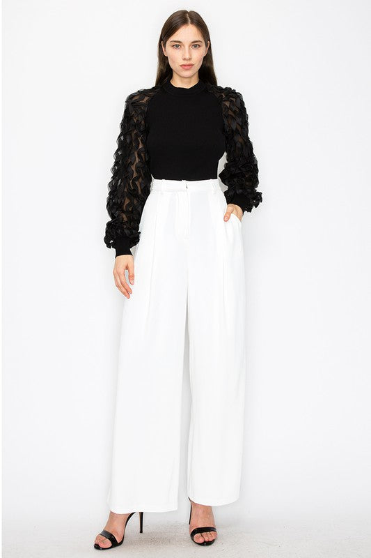 Lace Mesh Puff Long Sleeves Knit Top