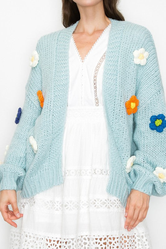 3D Flower Drop Shoulder Long Sleeves Cardigan