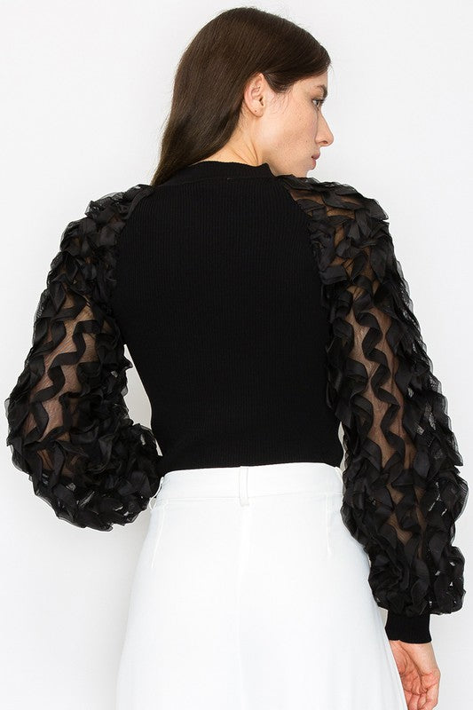 Lace Mesh Puff Long Sleeves Knit Top