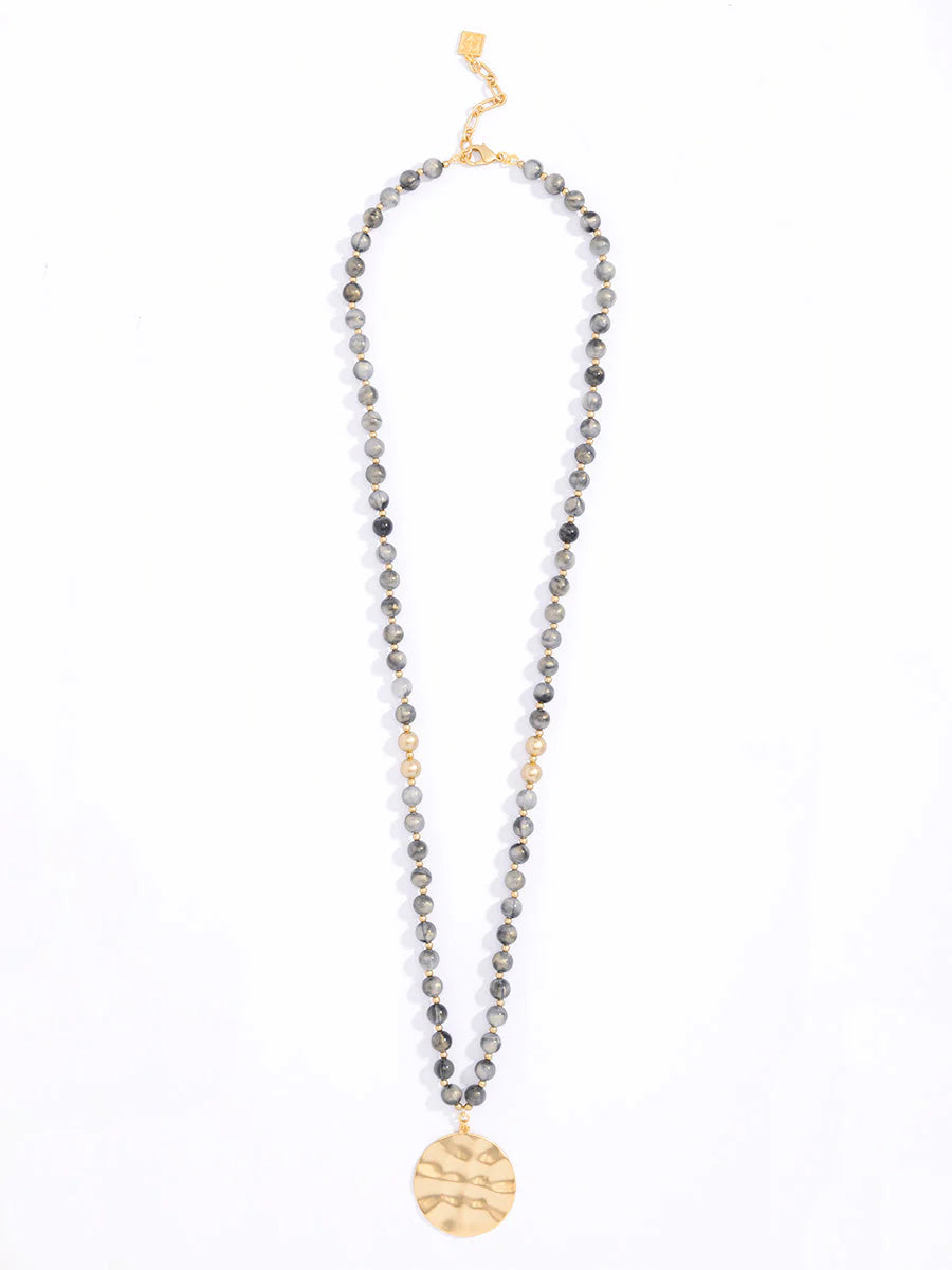 Iridescent Grey Beaded Medallion Long Necklace
