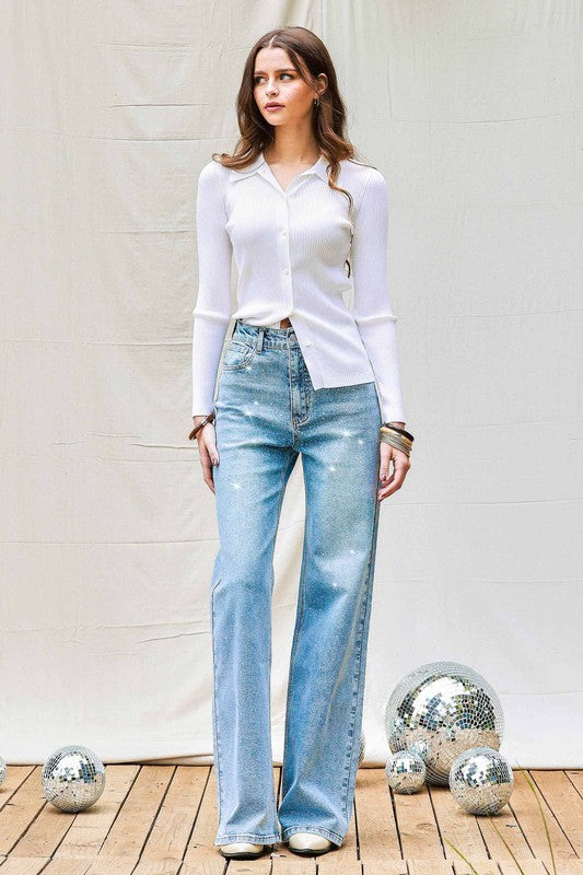 Iridescent Rhinestone High-rise Wide Leg Jeans
