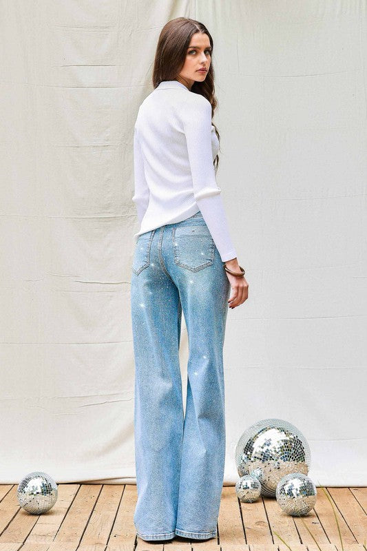 Iridescent Rhinestone High-rise Wide Leg Jeans