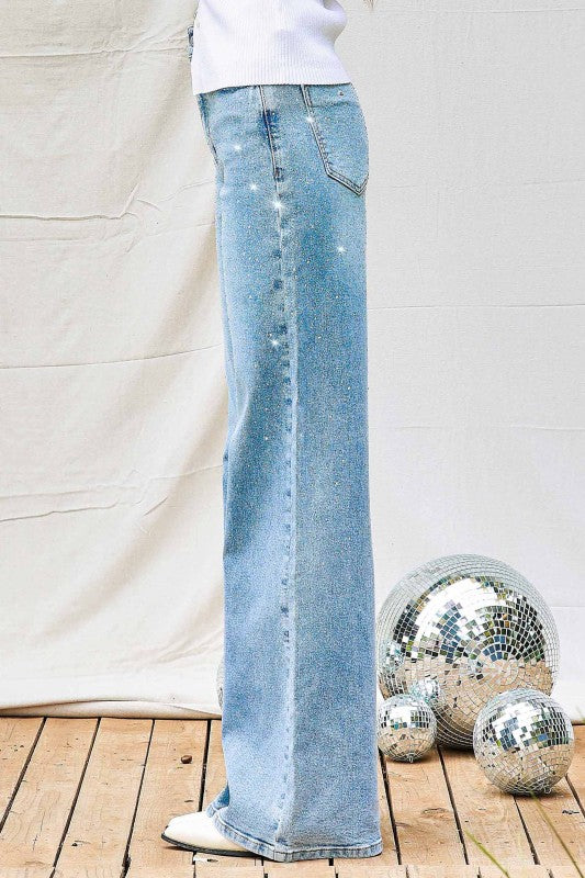 Iridescent Rhinestone High-rise Wide Leg Jeans