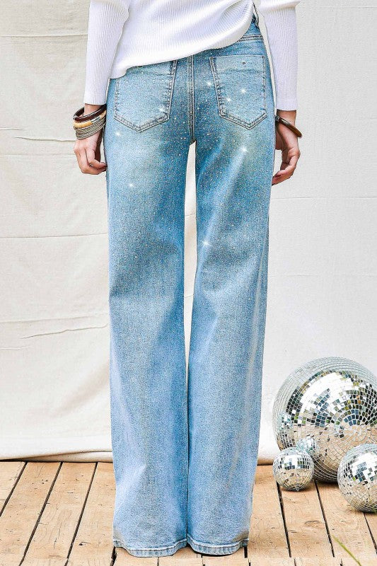 Iridescent Rhinestone High-rise Wide Leg Jeans