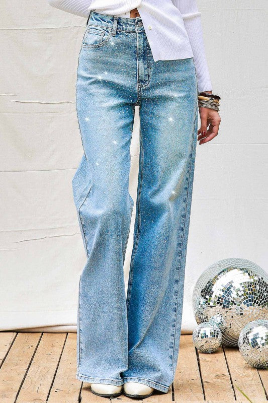 Iridescent Rhinestone High-rise Wide Leg Jeans