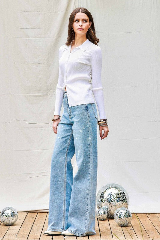 Iridescent Rhinestone High-rise Wide Leg Jeans