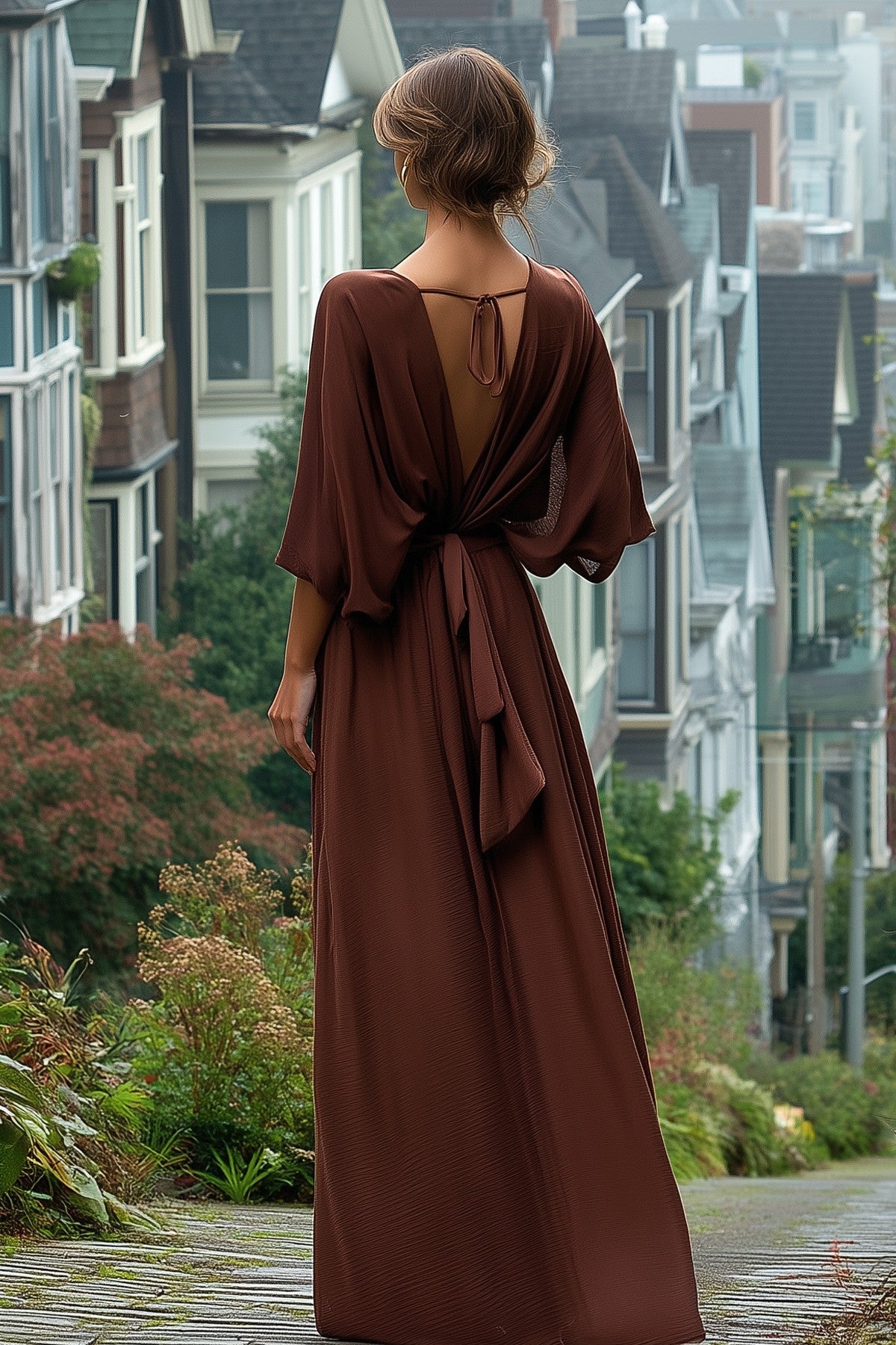 Choco Brown Kimono Sleeve Elastic Back Waisted Maxi Dress