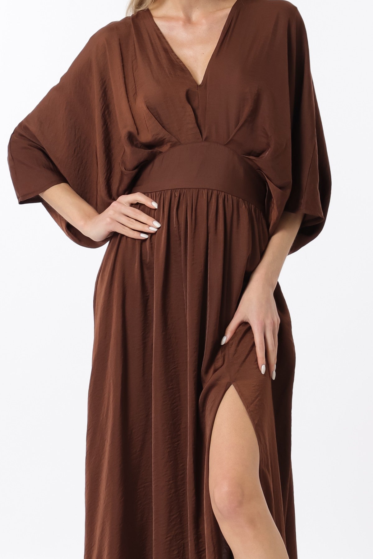 Choco Brown Kimono Sleeve Elastic Back Waisted Maxi Dress