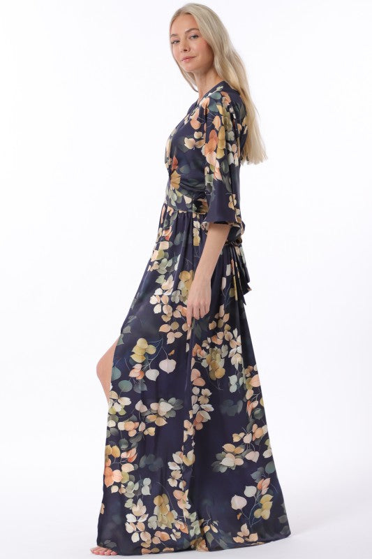 Kimono Sleeve Elastic Back Waisted Maxi Dress in Navy
