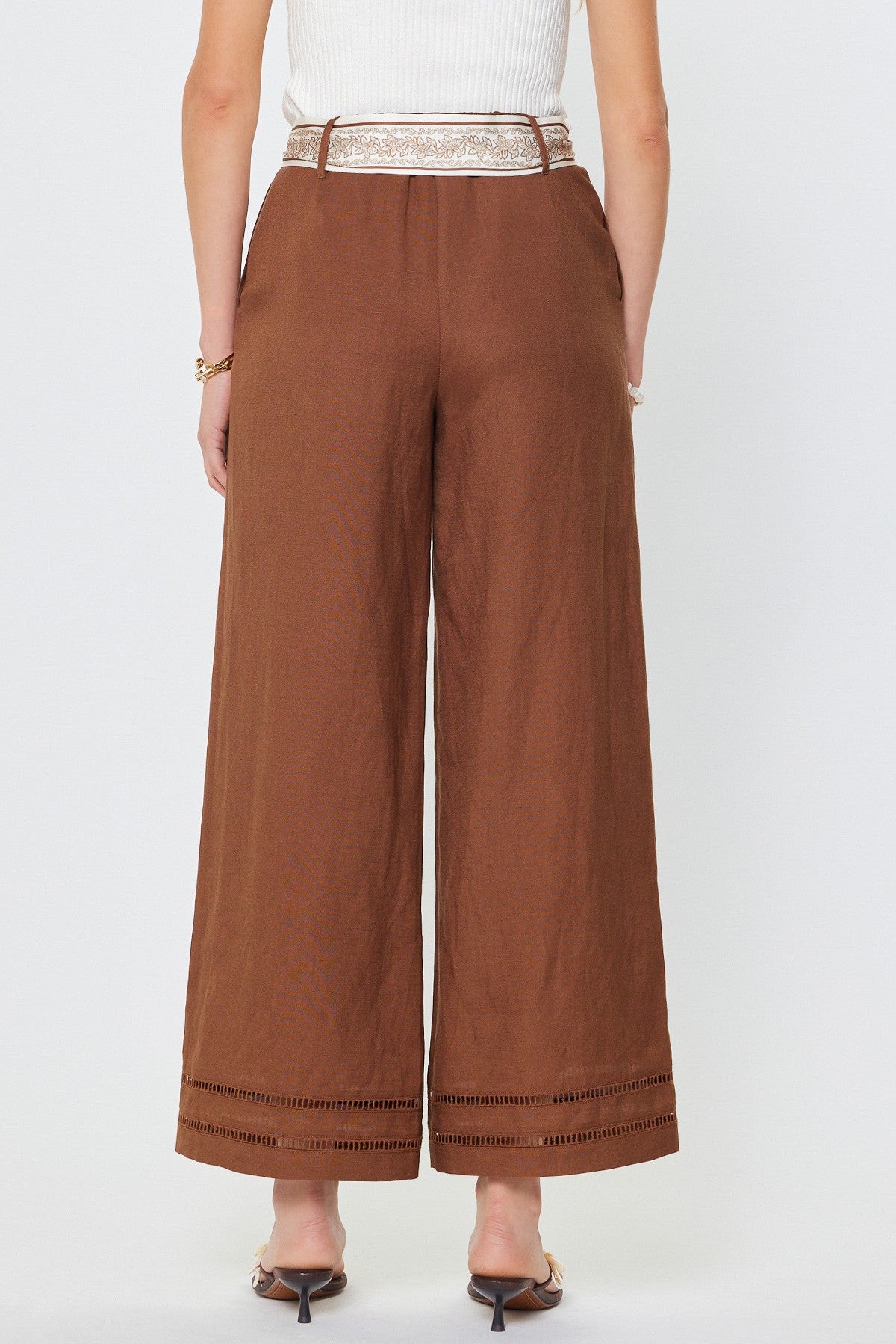 High Rise Full Lenght Wide Pants With Scarf Waist Belt Brown