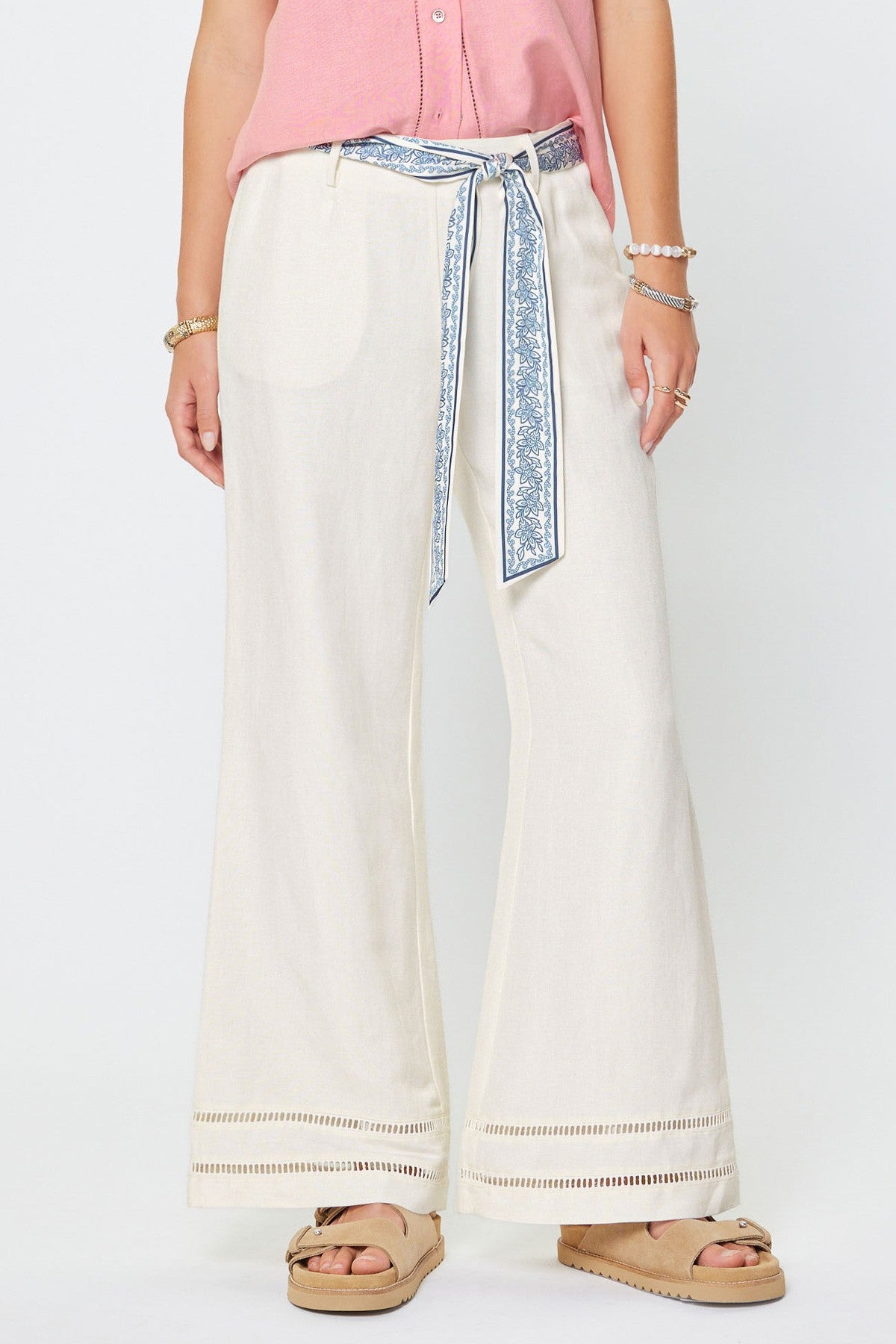 High Rise Full Lenght Wide Pant With Sacarf Waist Belt White