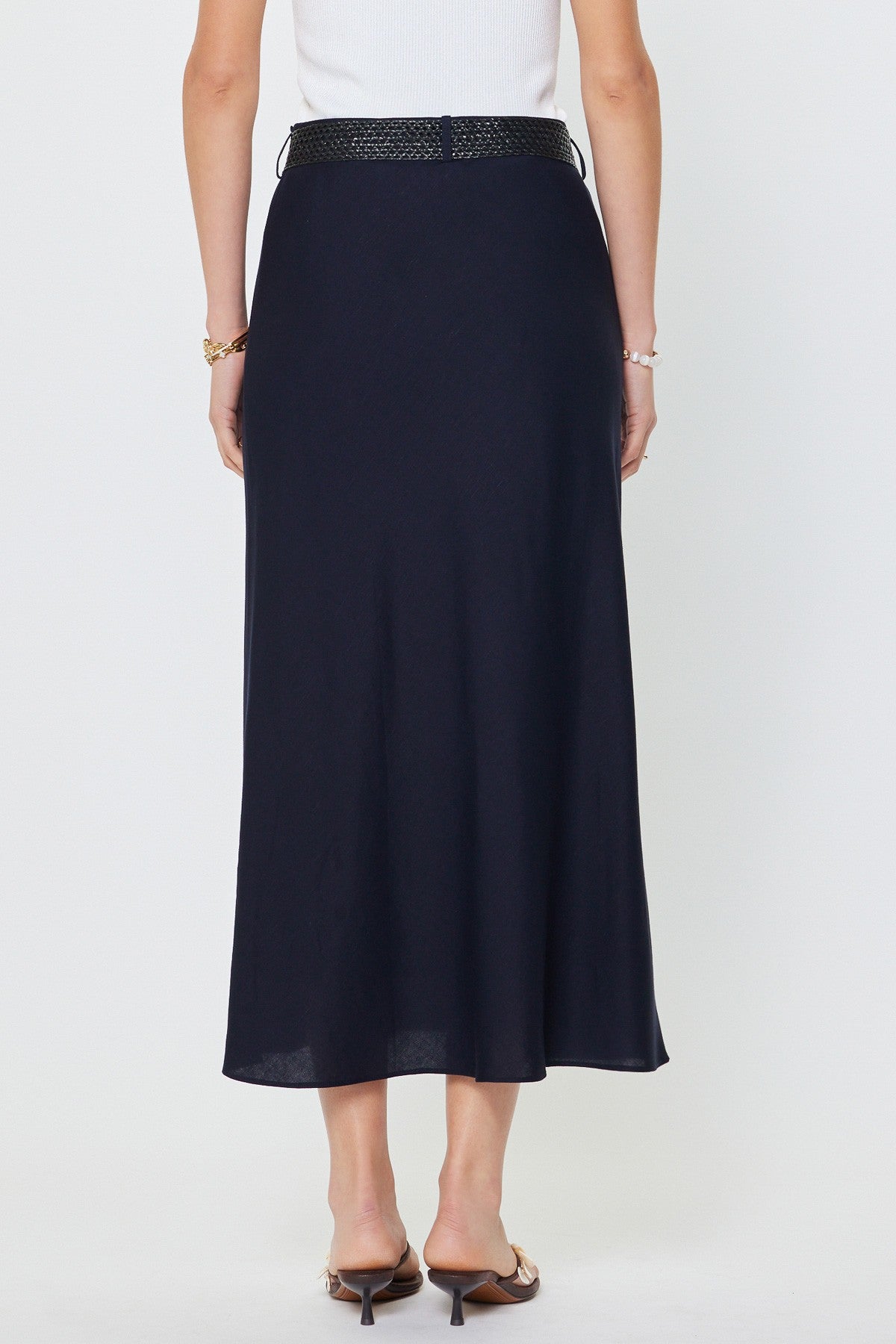 Bias Cut h-Line Midi Skirt With Raffia Belt Navy
