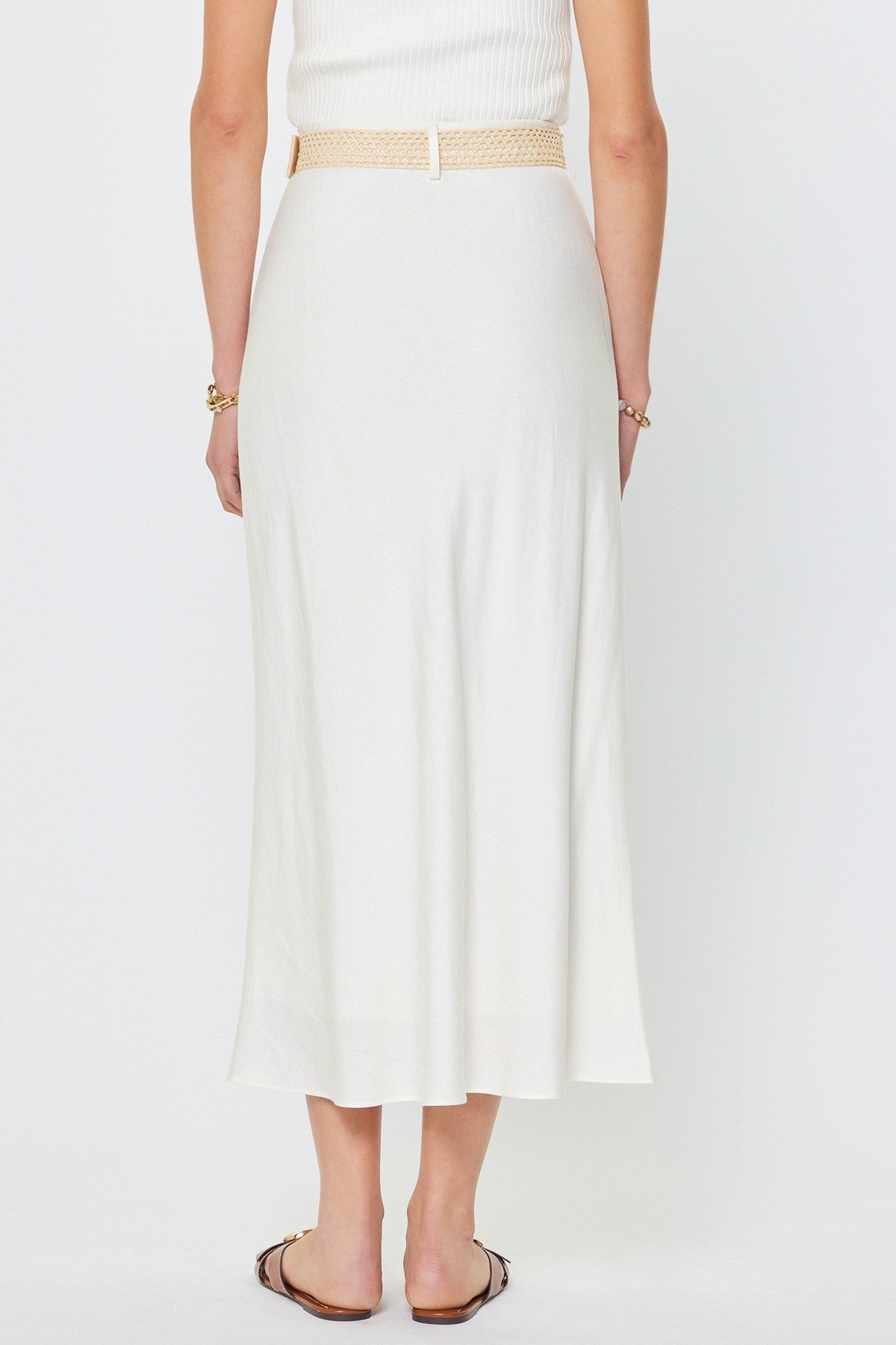 Bias Cut H-Line Midi Skirt With Raffia Belt White
