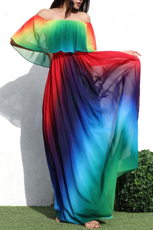 MULTI COLORS OFF SHOULDER WOVEN MAXI DRESS