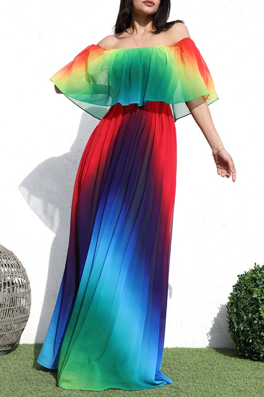 MULTI COLORS OFF SHOULDER WOVEN MAXI DRESS