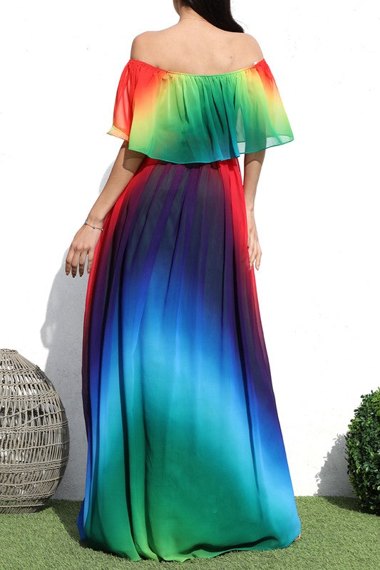 MULTI COLORS OFF SHOULDER WOVEN MAXI DRESS