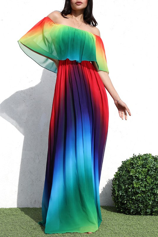 MULTI COLORS OFF SHOULDER WOVEN MAXI DRESS
