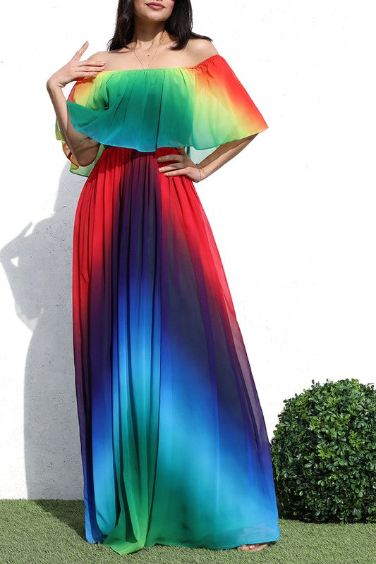 MULTI COLORS OFF SHOULDER WOVEN MAXI DRESS