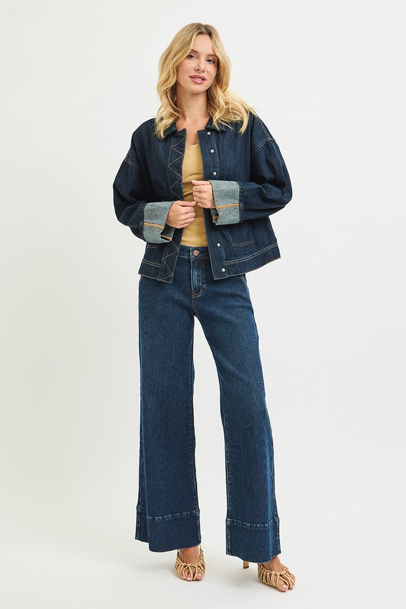 Mid Rise Fit Wide Leg Wide Hem Jeans