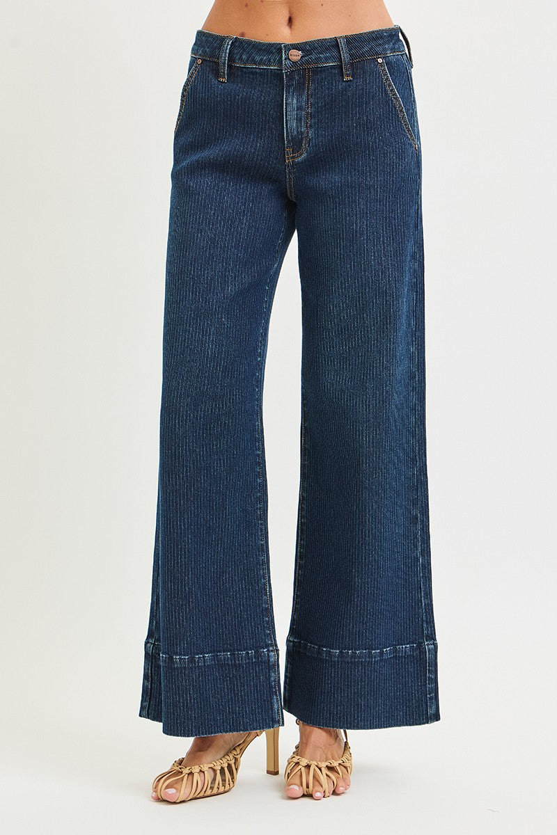 Mid Rise Fit Wide Leg Wide Hem Jeans