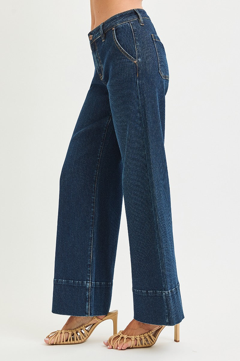 Mid Rise Fit Wide Leg Wide Hem Jeans