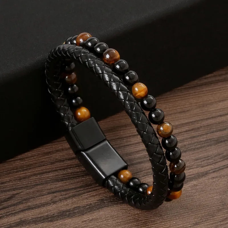 Geometric Natural Stone Rope Men's Bracelets in Black and Yellow Tiger