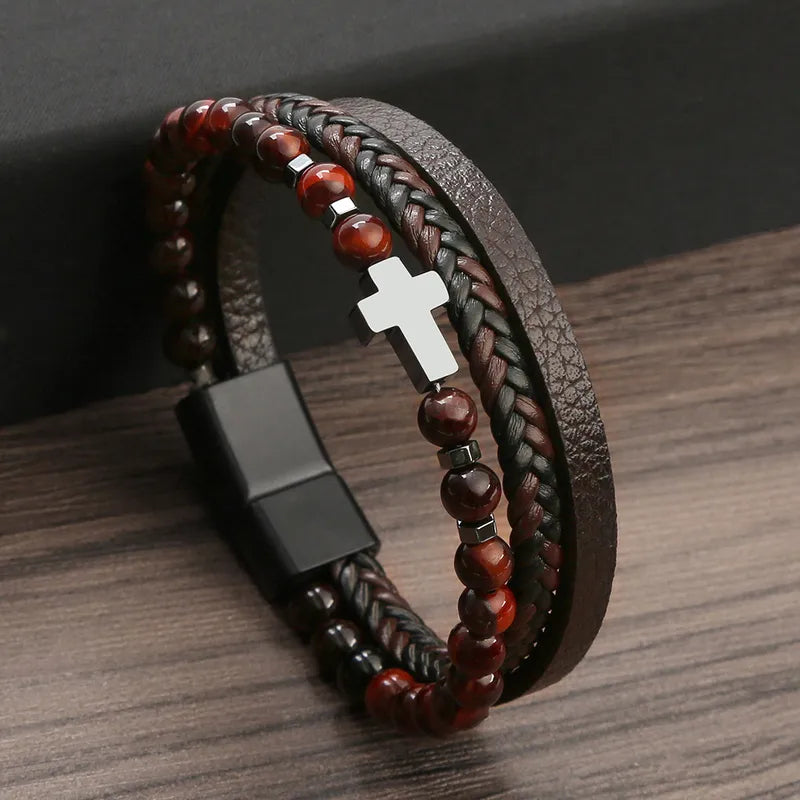 Retro Cross Alloy Natural Stone Haematite Men's Bracelets In Red Tigger Brown