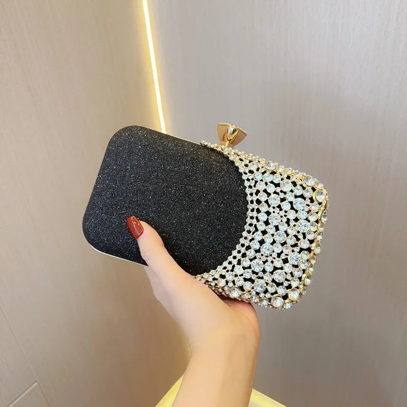 Ladies Party Diamond Evening Bag Black Glitter