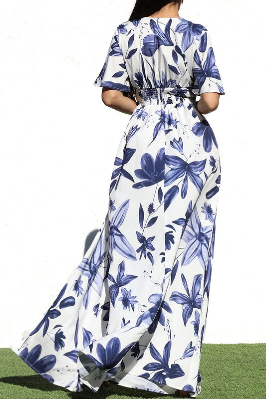 PRINTED V NECK WOVEN MAXI DRESS