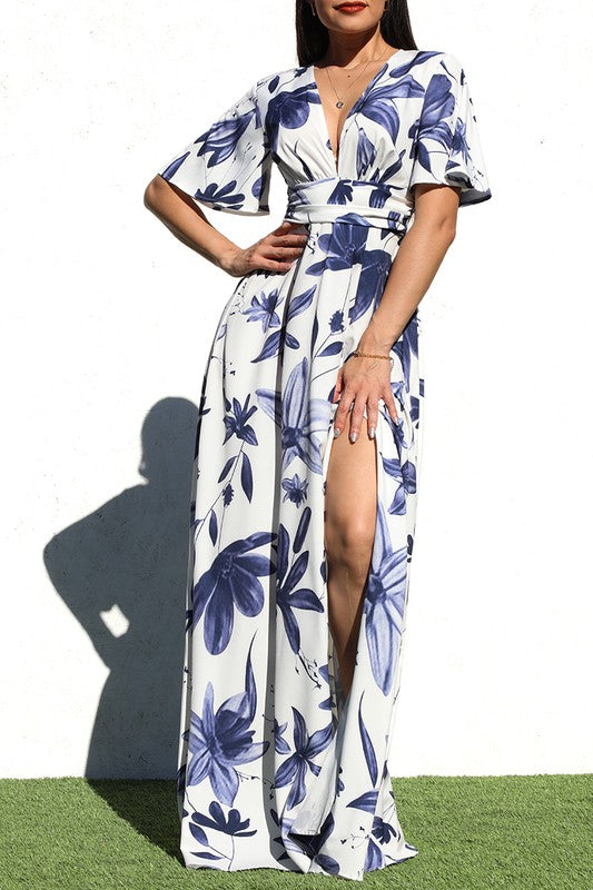 PRINTED V NECK WOVEN MAXI DRESS