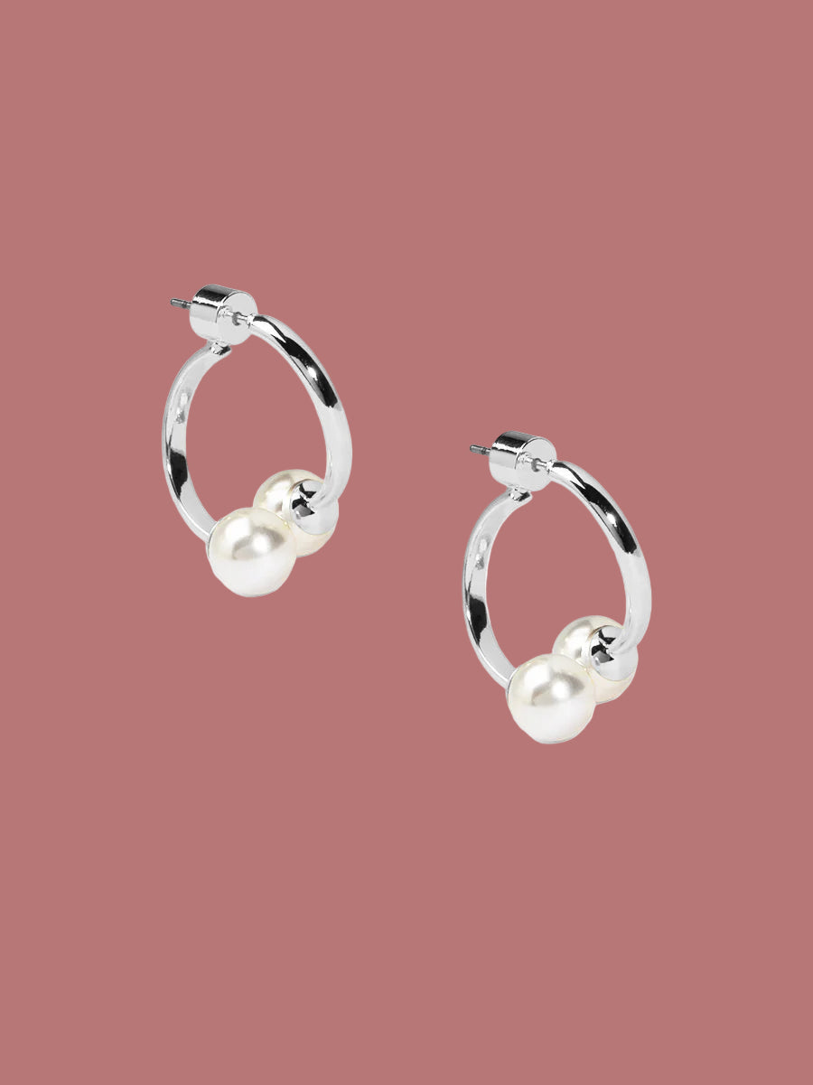 Pearl Half Hoop Earring in Rhodium
