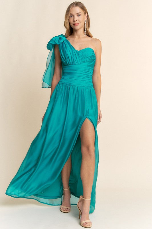 Sweetheart One Shoulder Tie Maxi Dress in Turquoise