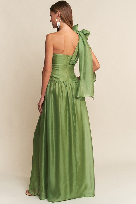 Sweetheart One Shoulder Tie Maxi Dress Green
