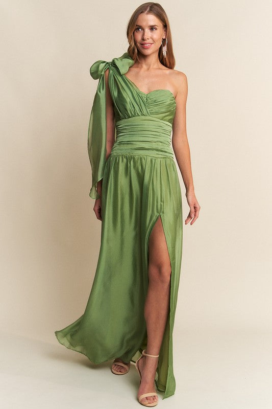 Sweetheart One Shoulder Tie Maxi Dress Green
