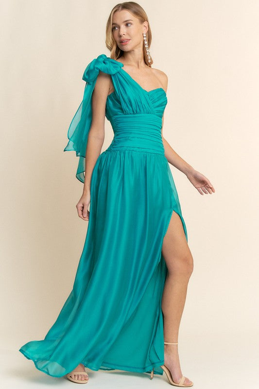 Sweetheart One Shoulder Tie Maxi Dress in Turquoise