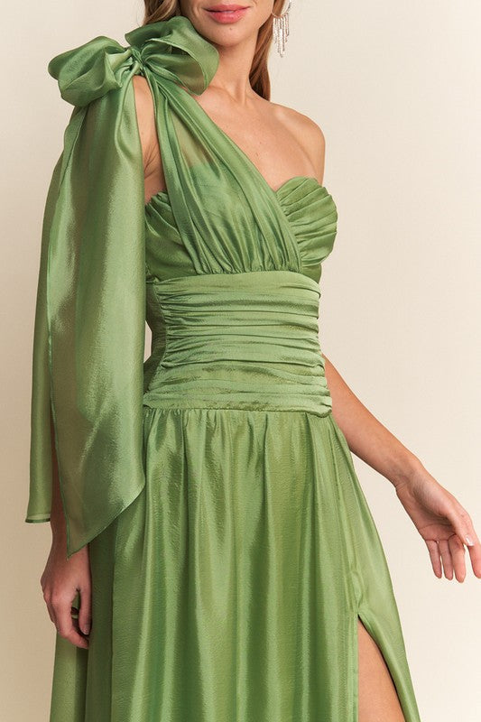 Sweetheart One Shoulder Tie Maxi Dress Green