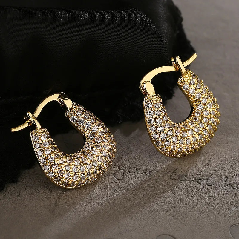 Copper Earrings With Zircon Inlay, 18K Gold Plated Design