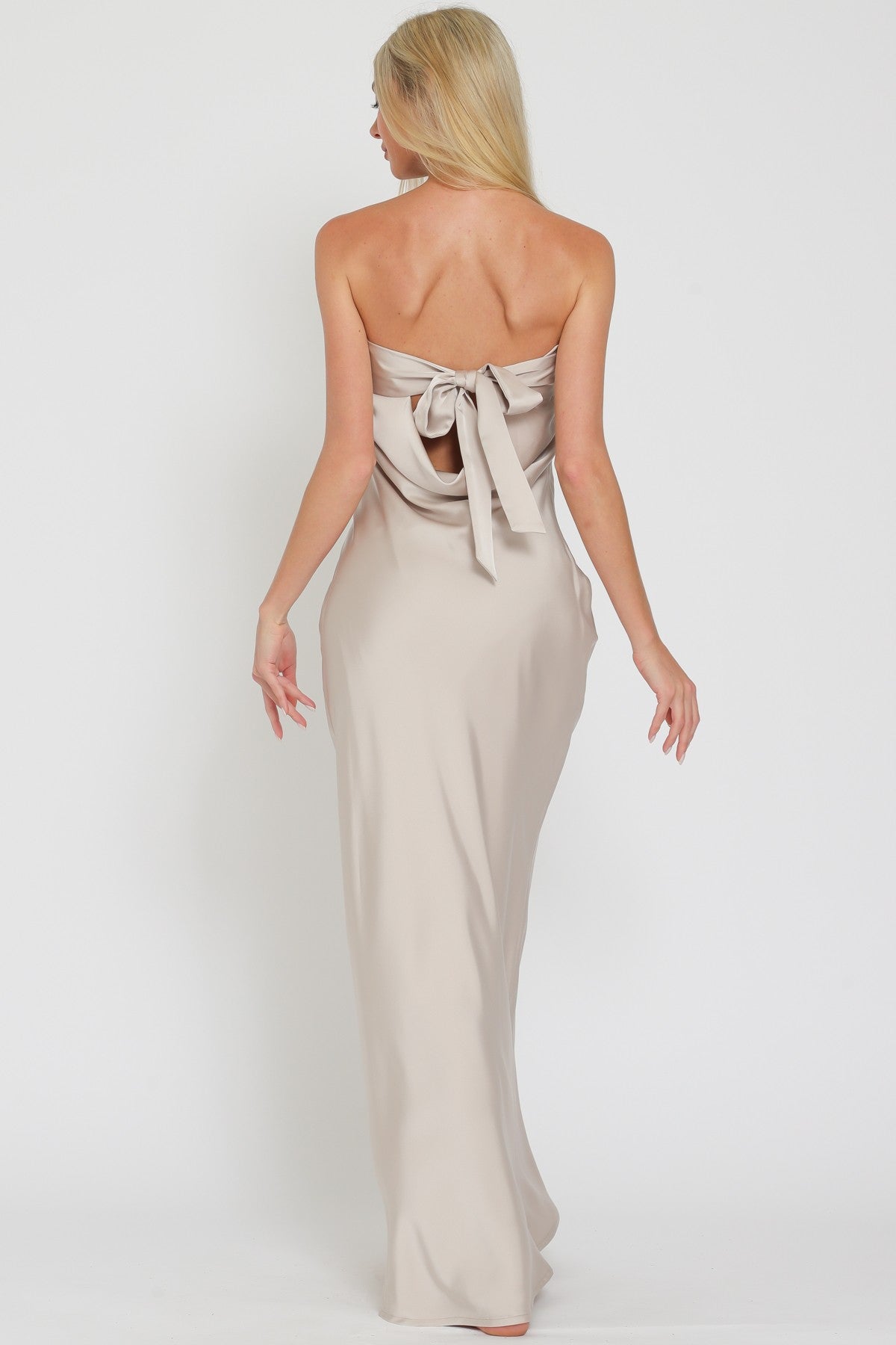 Tube Cowl Back Tie Back Chest Maxi Satin Dress in Champagne