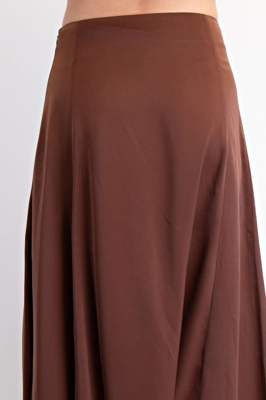 Satin Godet Maxi Skirt in Brown
