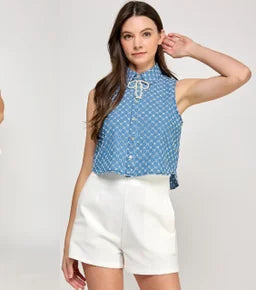 Embroidery Denim Top with Pearl Bow Medium Blue