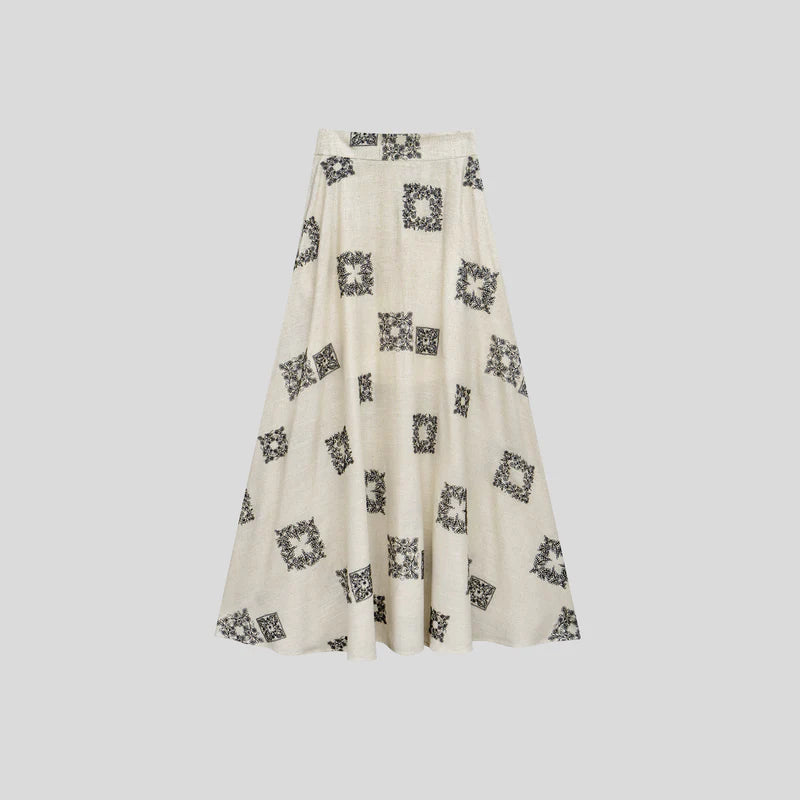 Cotton-linen color-blocked geometric embroidered A-line long skirt