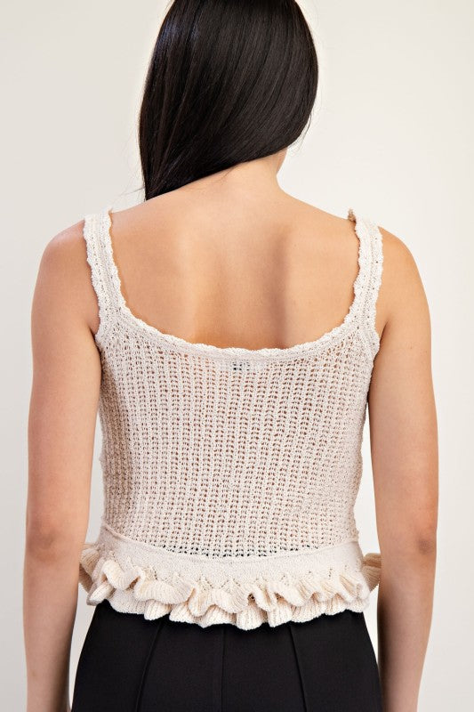 Lace Up Front Sweater Ruffled Hem Top
