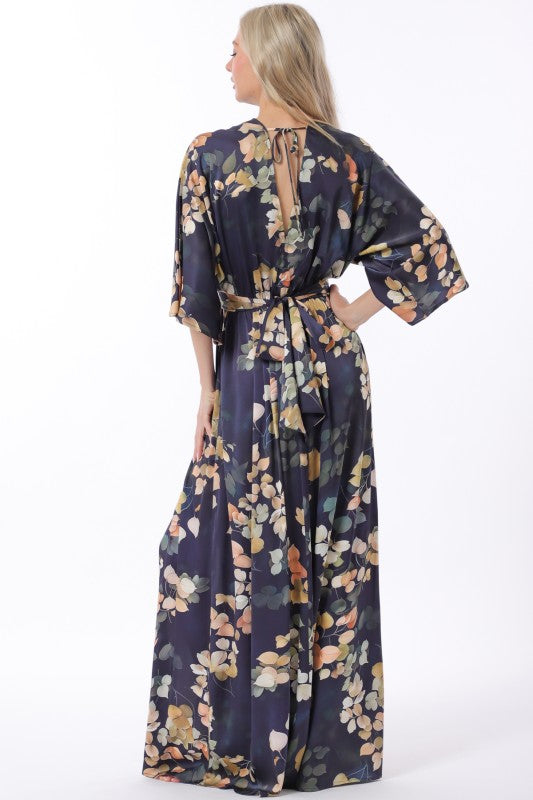 Kimono Sleeve Elastic Back Waisted Maxi Dress in Navy