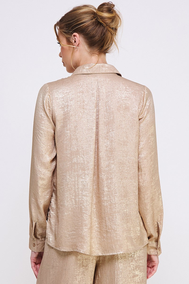Long Sleeve Brushed Satin Button Front Shirt in Gold