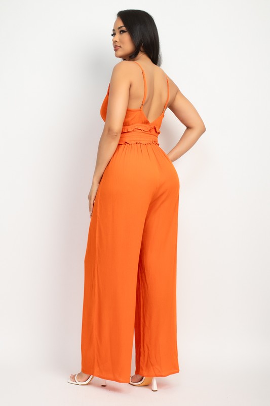 Ruffled V- Neck Wrap Orange Jumpsuit